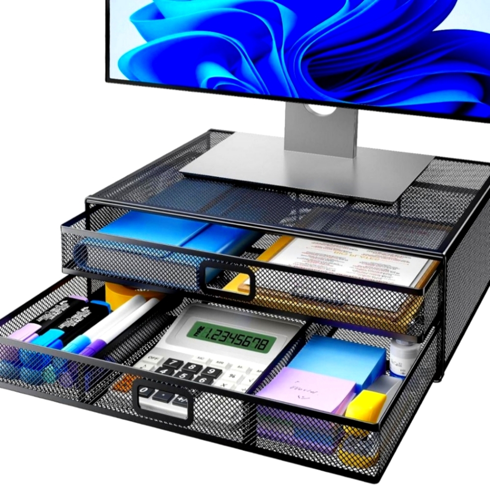 Black Mesh Monitor Riser with Drawers